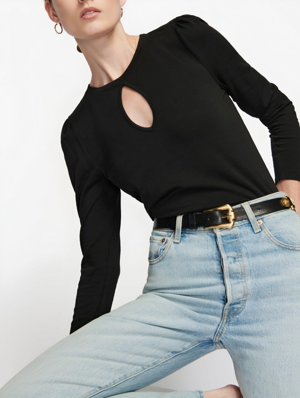 Nation LTD Cotton Black Keyhole Long Sleeve Dania Top, M